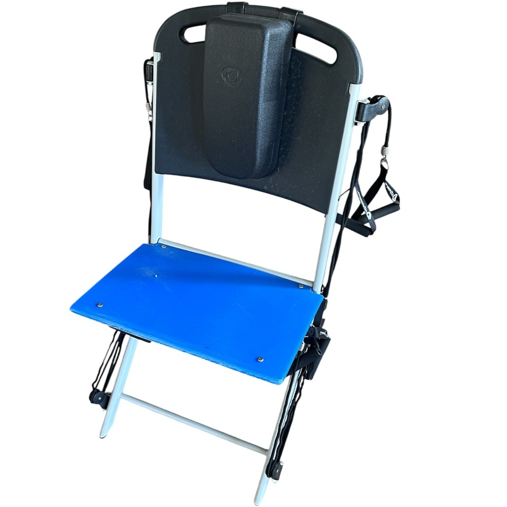 Portable Folding Seat with Blue Cushion and Black Back - Unbranded